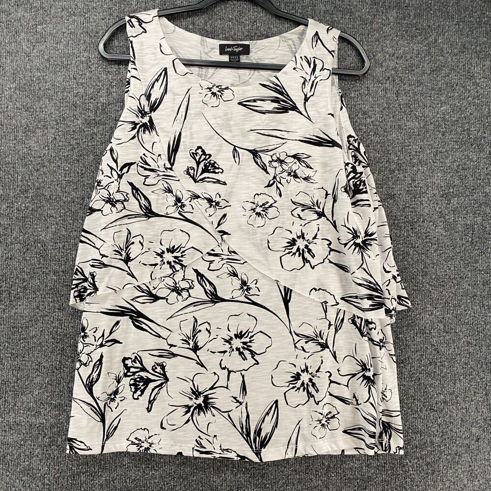 Lord & Taylor Top Womens‎ L White Black Floral Layered Casual Vacation Resort